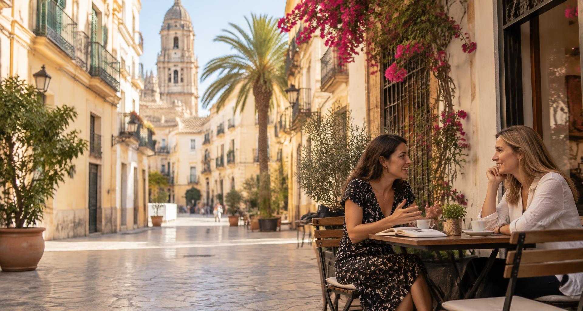 Two adults practising Spanish at a sunlit café in Málaga